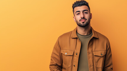 Obraz premium Relaxed Middle-Eastern Man in His 30s Standing in a Casual Pose While Wearing a Jacket Against a Solid Orange Background, Exuding Confidence and Comfort