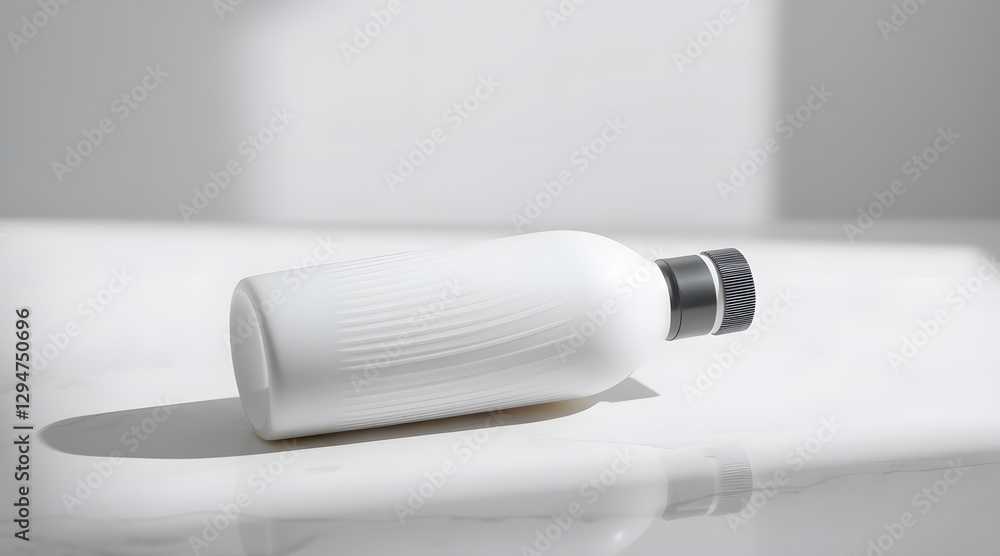 Poster a modern white bottle with a sleek design rests on a bright surface, casting soft shadows, creating 