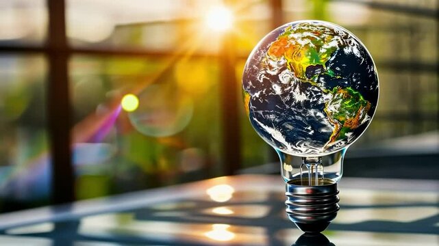 Planet Earth rotates around its axis inside a glowing lamp, symbolizing energy, sustainability, and global innovation. Earth day