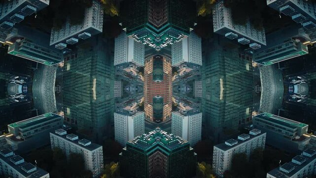 mirrored fractal effect of modern tall skyscraper building and urban city environment, symmetry glass and metal exterior, creative tech abstract background 4k, immersive geometric pov