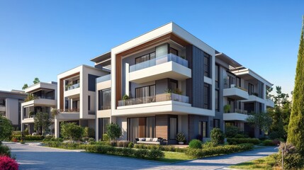 Fototapeta premium contemporary apartment buildings under a clear blue sky on a sunny day. facade of a contemporary apartment complex. Outside of a modern residential building during the day