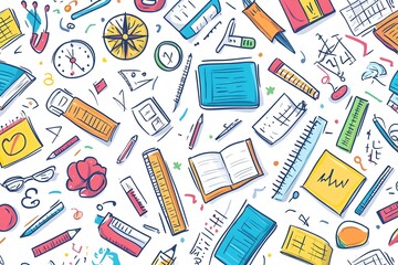 Playful back to school doodle seamless pattern, colorful handdrawn elements like rulers, compasses, sticky notes, and books, vector art, lively and fun