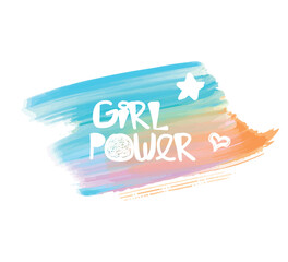 white girl power text wtih star and heart on pastel colored brush stroke