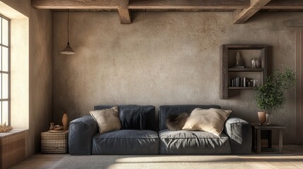 This boho, rustic living room design features a grey sofa near a beige stucco wall.