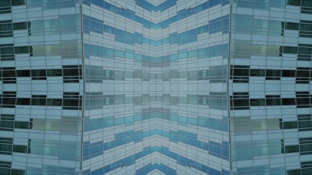mirrored fractal effect of modern tall skyscraper building and urban city environment, symmetry glass and metal exterior, creative tech abstract background 4k, immersive geometric pov
