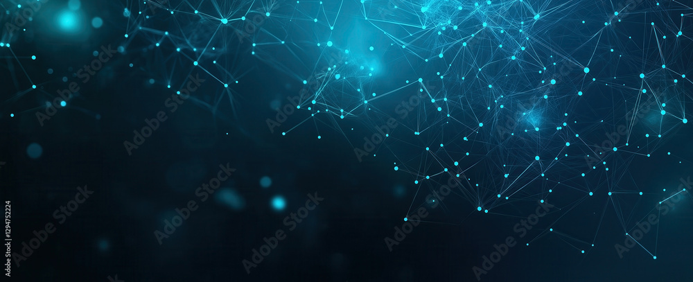 Poster abstract representation of a digital network featuring glowing blue nodes and interconnected lines, 