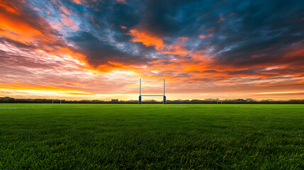 Obraz premium A beautiful rugby field with vivid green grass and goalposts towering under a dramatic sunset sky.
