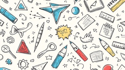 Seamless doodle school pattern, handdrawn sketch style, creative elements like paper planes, erasers, pens, and educational symbols, vector art