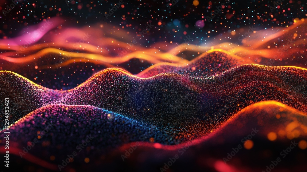 Poster multicolor glowing data over abstract digital landscape. based on generative ai