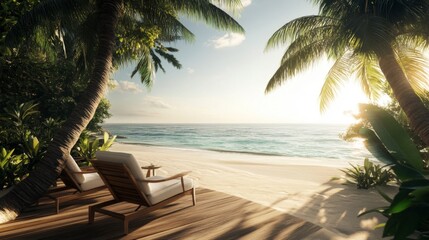 Fototapeta premium Serene Tropical Beach Sunset with Palm Trees and Lounge Chairs