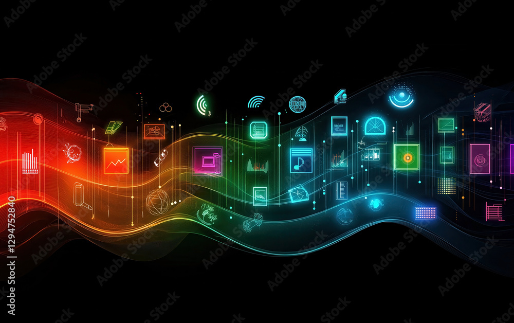 Poster a vibrant array of digital icons showcasing data analysis, technology trends, and information graphi