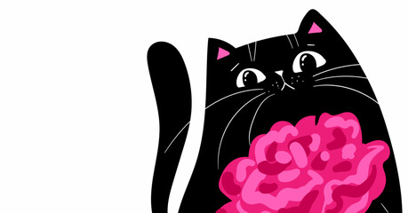 Cute Black Cat Holding a Pink Flower,  Adorable Cartoon Illustratio