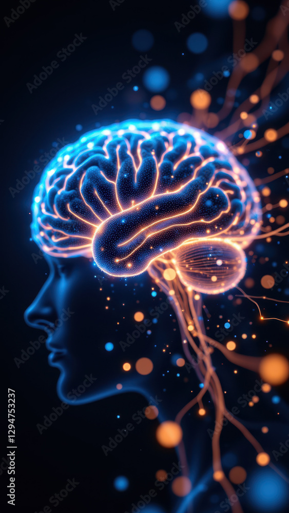 Poster this image features a stylized representation of artificial general intelligence, with human-like br