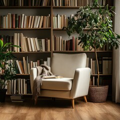 modern library with cozy armchair and book shelves with books arranged in room with potted plant