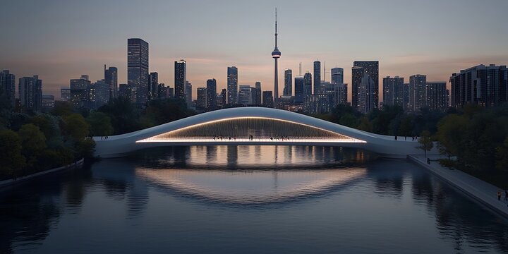 Futuristic architecture showcases Toronto city skyline at twilight hour