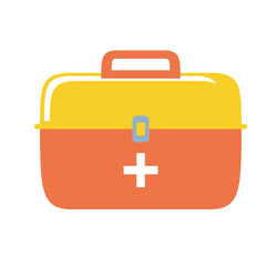 Flat vector illustration of a red and yellow first aid kit box used for emergency medical treatment and safety purposes