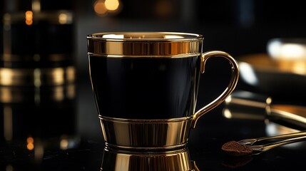 Elegant Black And Gold Coffee Cup With Grounds