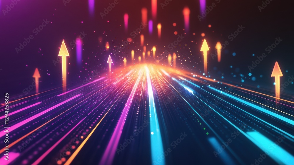 Poster abstract image of colorful glowing arrows pointing up, set against a dark background with a glowing 