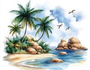 Fototapeta premium A stunning tropical scene featuring hand-drawn paradise islands with mountains and palm trees on beaches, set against an ocean and cloudy sky. Ideal for a tropical print design