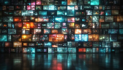 A wall of digital screens with different images, glowing and vibrant colors, grid-like composition