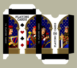 Playing card box template with characters in colorful historical costumes and gothic frames and suit symbols on white background. Vector illustration in 3D style
