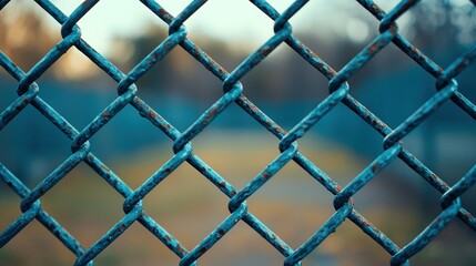 Fototapeta premium Rusty blue chain-link fence, blurred park background