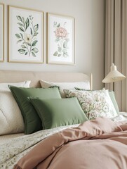 Pink and green pillows on bed with beige bedhead and lamps in modern bedroom interior with floral posters
