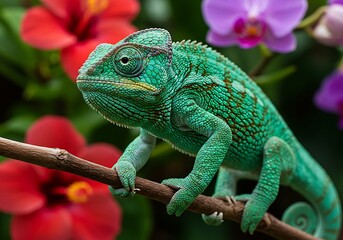 Fototapeta premium Chameleon Resting on Branch Among Colorful Flowers in Natural Setting