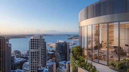Fototapeta premium Modern high-rise building with panoramic views of a city skyline and harbor at sunset