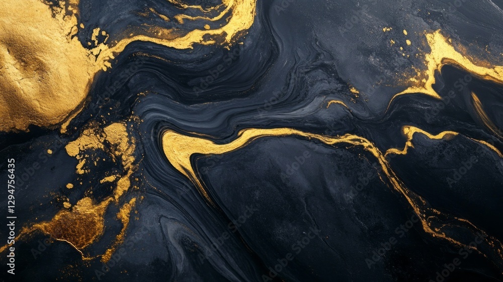 Poster captivating swirls of gold paint dance across a textured black concrete wall, creating a dynamic and