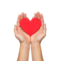 Hands cupping a red paper heart on a transparent background.
