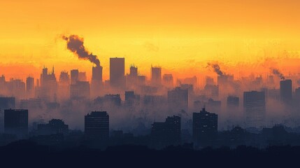 Fototapeta premium Urban Silhouette of City at Sunset with Pollution and Buildings in Gray Fog