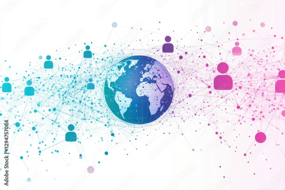 Poster abstract digital network with icons of people and a globe on a white background, a concept for globa