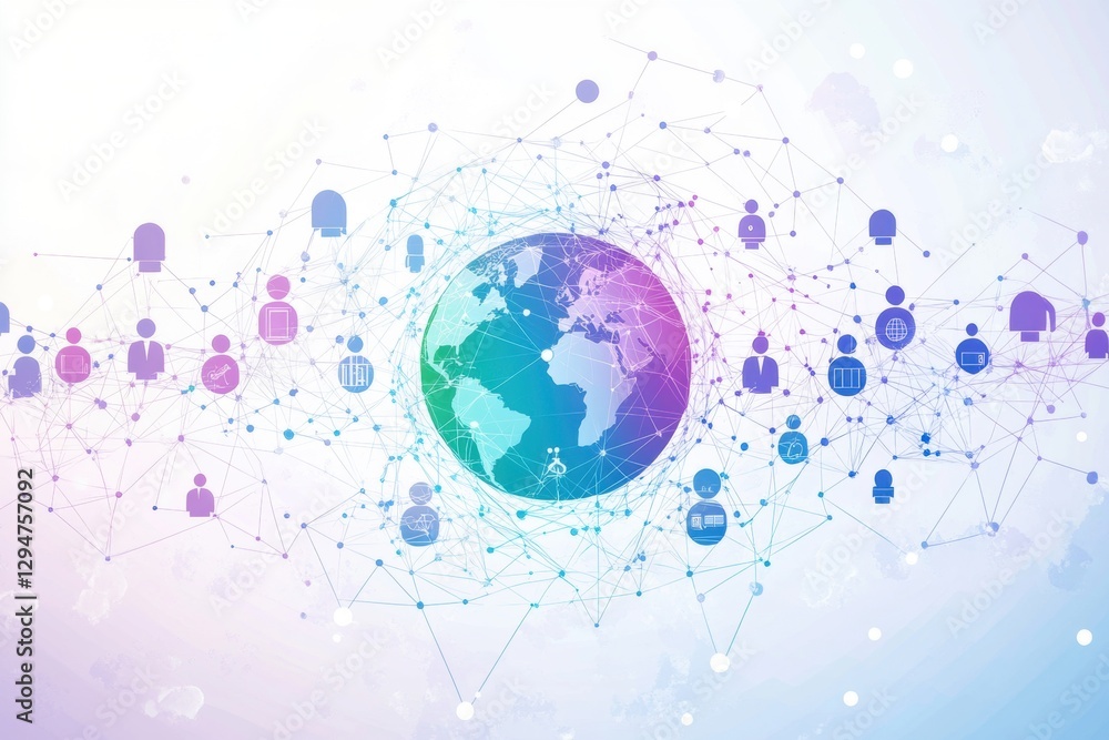 Poster abstract digital network with icons of people and a globe on a white background, a concept for globa