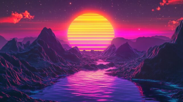 80s style striped sun setting over a synthwave landscape, sunset, sunrise, 80s, retro, vintage, arcade game, synthwave, neon