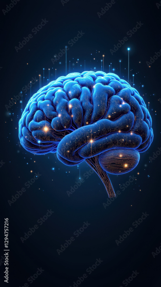 Poster a vivid depiction of artificial general intelligence with a human brain symbolizing advanced cogniti