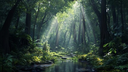 Obraz premium Sunbeams in Lush Green Forest with Tranquil Stream