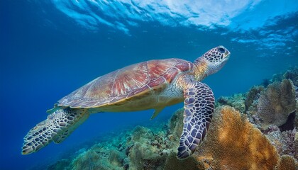 Obraz premium A close-up of a majestic sea turtle gliding gracefully through crystal-clear waters, surrounded by vibrant coral reefs. The image captures the texture of the turtle's shell and the soft movements