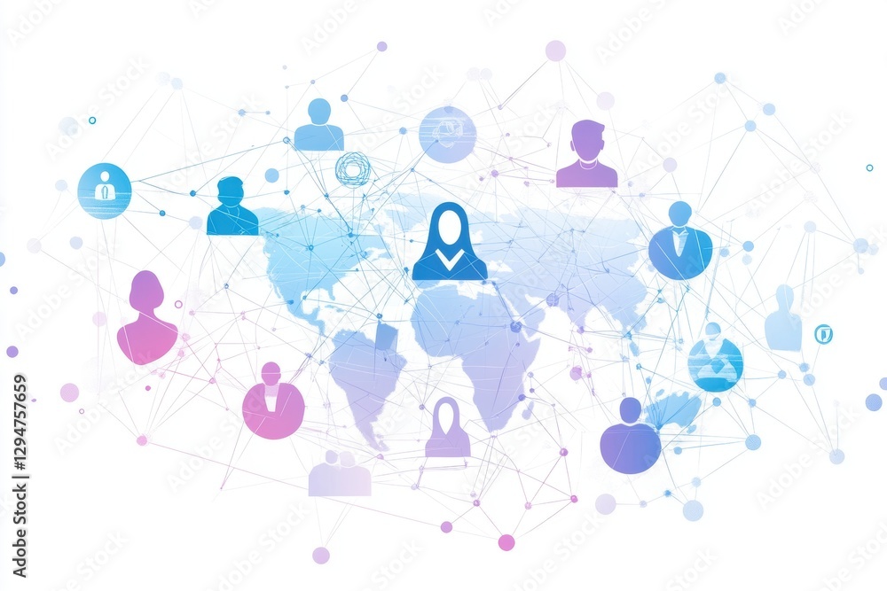 Aufkleber abstract digital network with icons of people and a globe on a white background, illustration for a 