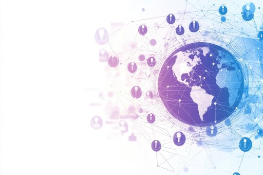 Abstract digital global network concept with icons of people and a globe on a white background, a technology business connection illustration, in a blue and purple color theme Generative AI