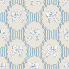 Flirtatious pattern with ribbon bows and stripes in blue colors. Vector coquette hand drawn illustrations. Trendy seamless pattern for birthday, celebrations decor. Textile design.

