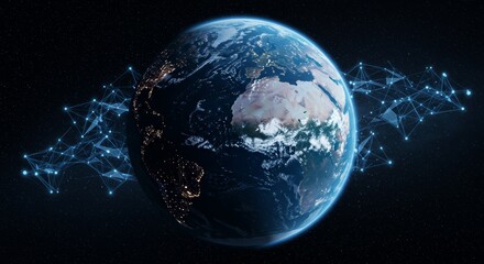 Naklejka premium A CGI rendering of a glowing network of interconnected nodes and lines overlaying a vibrant view of Earth from space