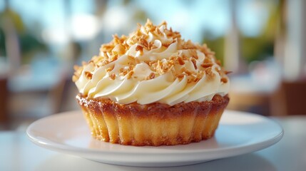 Coconut cream tart on plate outdoors, blurred cafe background