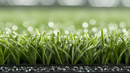 A close-up of freshly mowed football turf showing the fine texture of the grass blades and dew droplets sparkling in the sunlight.