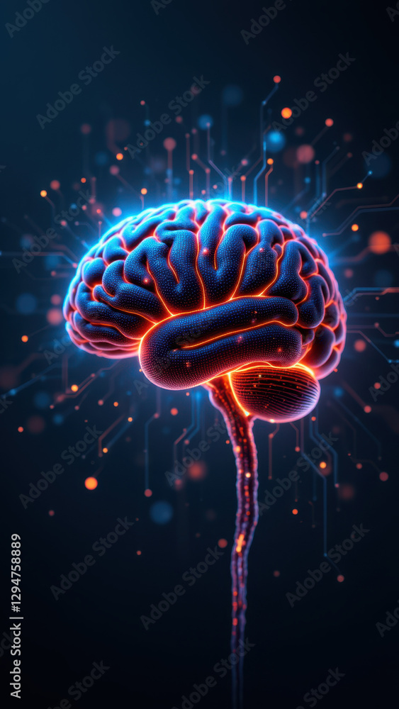 Poster an artistic representation of artificial general intelligence with a glowing brain at its core.