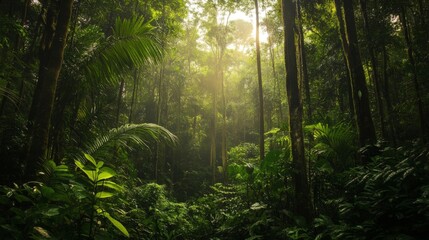 Fototapeta premium Sunlit Rainforest Canopy With Lush Green Vegetation