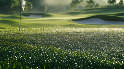 A close-up view of a lush golf course with neatly trimmed grass a flag marking the hole and morning dew sparkling in the sunlight.