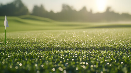 A close-up view of a lush golf course with neatly trimmed grass a flag marking the hole and morning dew sparkling in the sunlight.