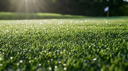 A close-up view of a lush golf course with neatly trimmed grass a flag marking the hole and morning dew sparkling in the sunlight.