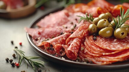 Fototapeta premium Salami, olives, rosemary platter, kitchen, appetizer